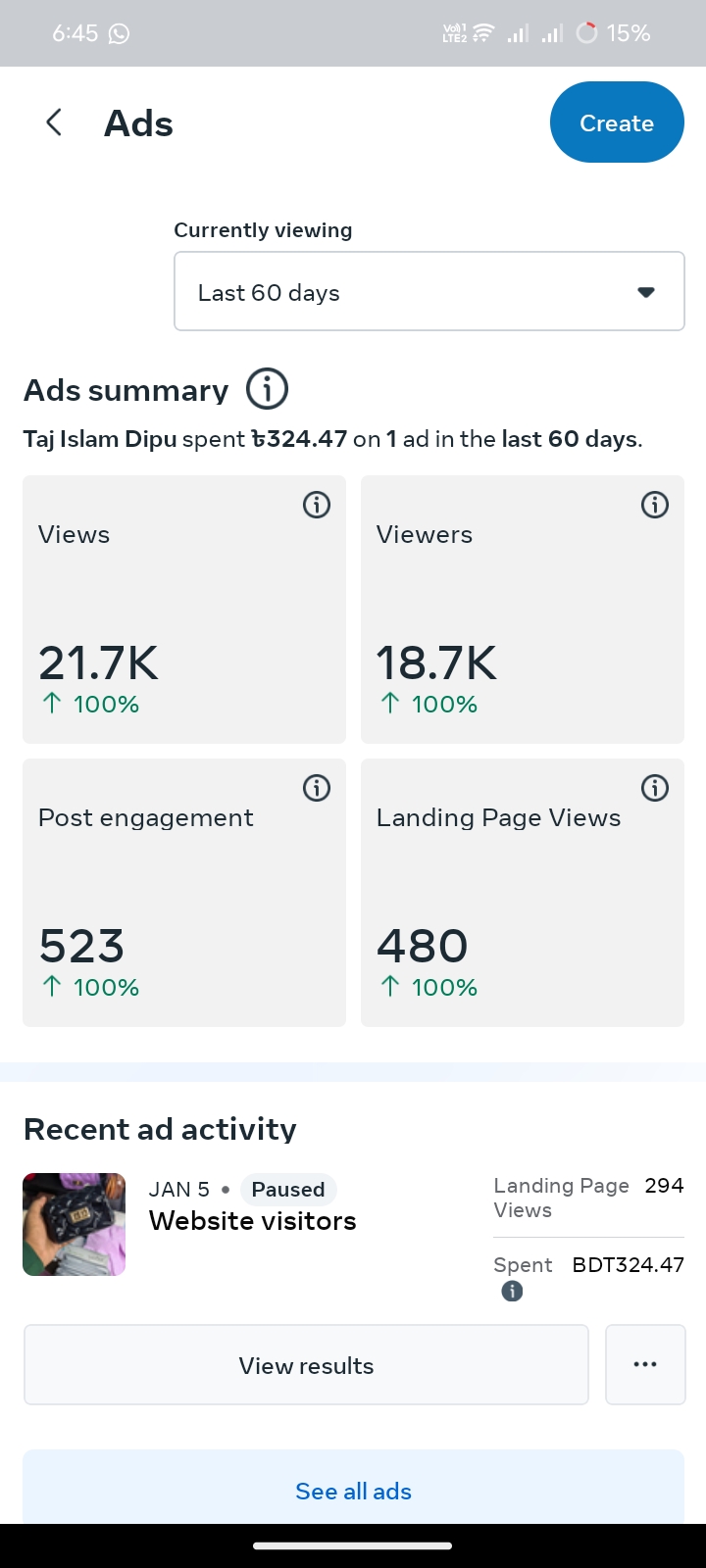 Meta Ads Manager results panel