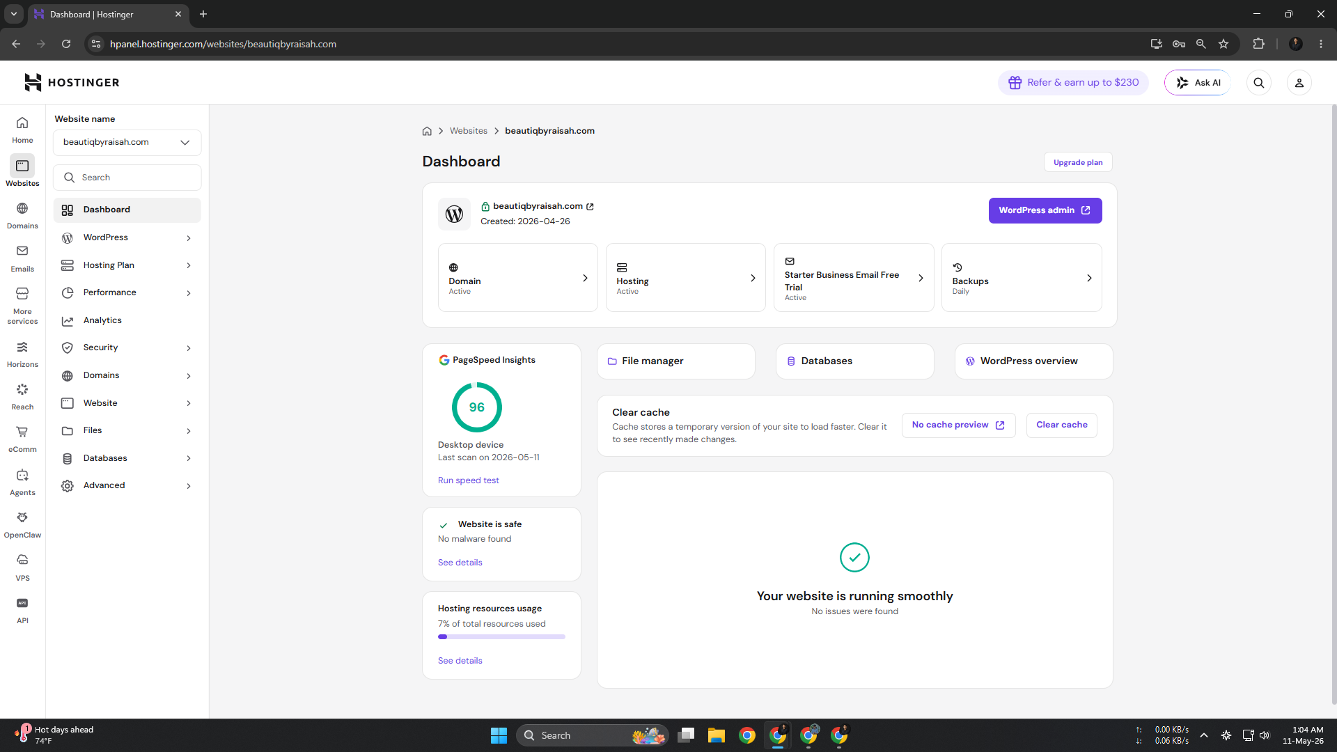 Hostinger hosting dashboard, 96 PageSpeed score