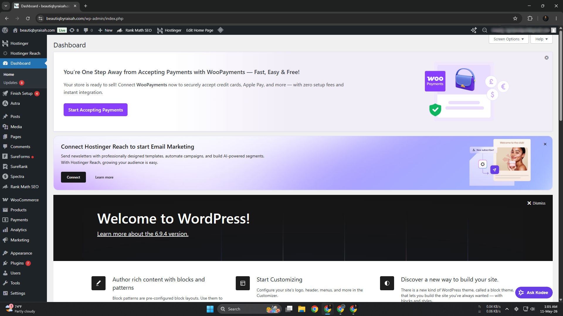 WordPress admin dashboard for BeautiQ by Raisah